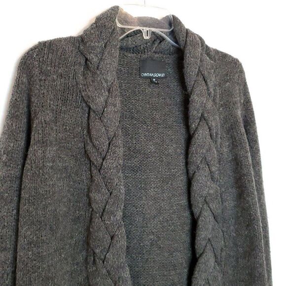Cynthia Rowley Cardigan Sweater M Gray Wool Braided Shawl Collar Preppy Grandpa - Picture 3 of 6